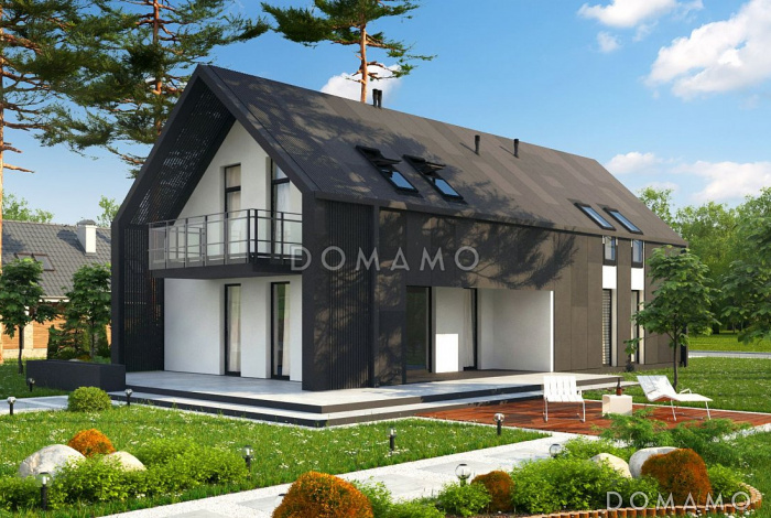 Проект аккуратного современного мансардного дома из газобетона с  гаражом и террасой над входом