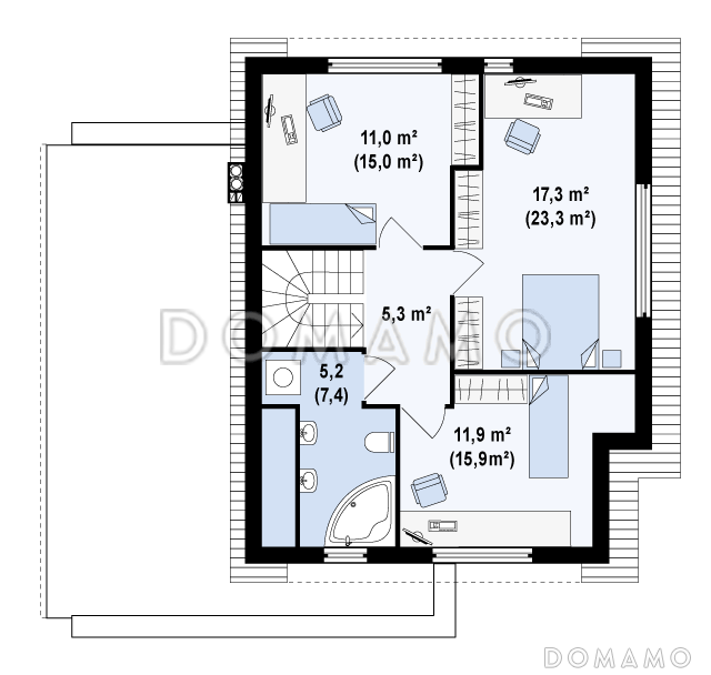 Проект современного одноэтажного мансардного дома из газобетона с тремя комнатами, угловой террасой и гаражом / План мансардного этажа