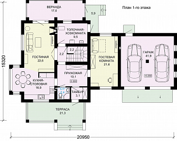 Проект двухэтажного дома из пеноблоков с гаражом для двух автомобилей / План 1 этажа
