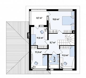 Проект современного двухэтажного дома из кирпича с четырьмя спальнями, кабинетом и пристроенным гаражом / План 2 этажа