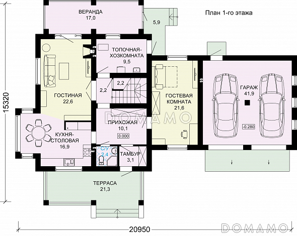 Проект двухэтажного дома из пеноблоков с гаражом для двух автомобилей / План 1 этажа