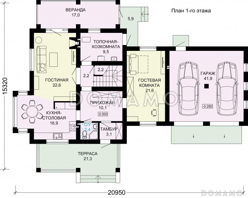 Проект двухэтажного дома из пеноблоков с гаражом для двух автомобилей / План 1 этажа