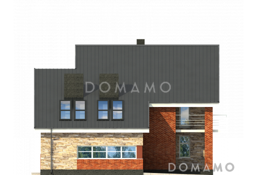 Проект кирпичного загородного дома в современном стиле с открытой террасой и гаражом  / Фасад 2