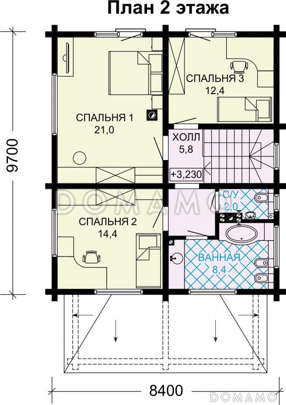 Проект двухэтажного дома из бруса с 4 спальнями и крыльцом-террасой / План 2 этажа