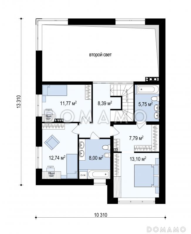 Проект современного двухэтажного дома из кирпича с плоской крышей, четырьмя комнатами, вторым светом и гаражом / План 2 этажа