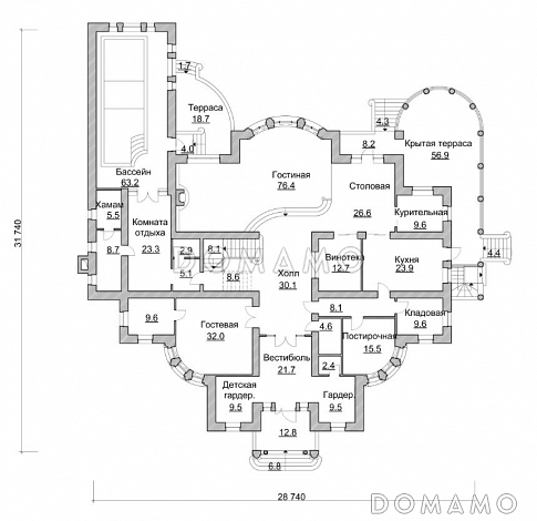 Проект особняка с бассейном / План 1 этажа