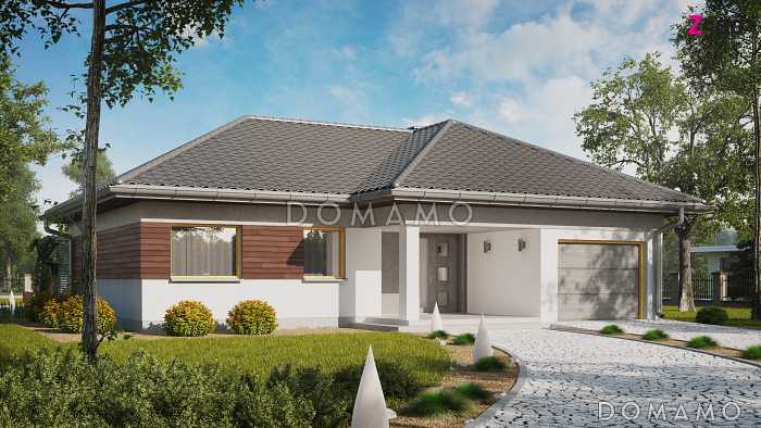 Проект одноэтажного дома из газобетона с большой террасой в угловой части дома и гаражом 