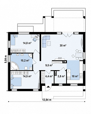 Проект одноэтажного дома из газобетона с современными элементами дизайна, с двумя спальнями и просторной дневной зоной / План 1 этажа