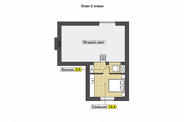 Проект дома с просторной крытой террасой с барбекю, гостиной с кухней-столовой, сауной и душевой, вторым светом и спальней на мансарде / План мансардного этажа