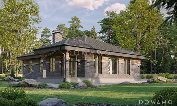 Проект одноэтажного дома с мастер-спальней, просторной кухней-гостиной, сауной и постирочной