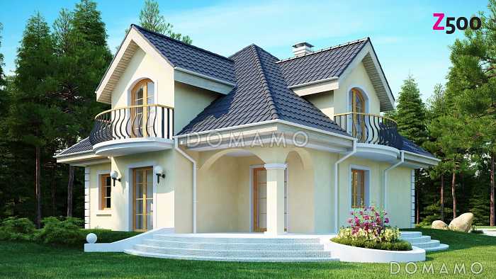 Проект классического одноэтажного мансардного дома из кирпича с кабинетом, хозяйственным помещением и с балконами в каждой из трёх спален