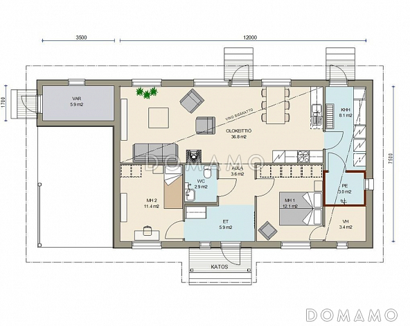 Проект одноэтажного каркасного дома с рациональной планировкой / План 1 этажа
