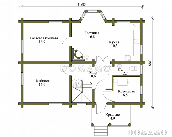 Проект традиционного усадебного дома из бревен / План 1 этажа