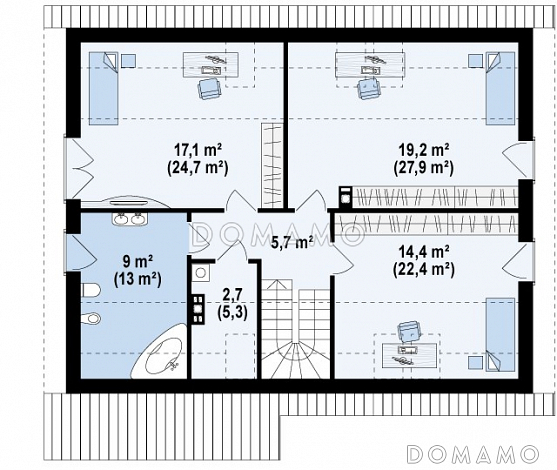 Проект одноэтажного мансардного дома из газобетона с кабинетом, гостевой спальней и хозяйственным помещением на первом этаже / План мансардного этажа