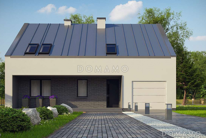 Проект одноэтажного мансардного дома из газобетона в современном стиле, со встроенным гаражом