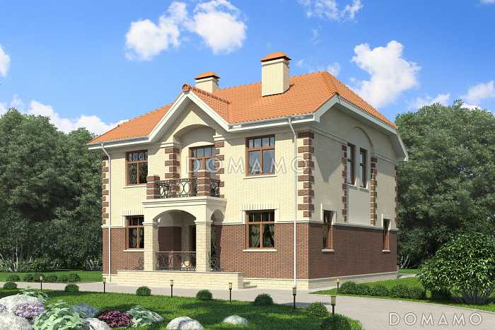 Проект двухэтажного дома с эркером, балконами, зимним садом, спальней на первом этаже