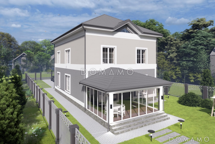 Проект двухэтажного дома с мансардой, мастер-спальней и остекленной террасой