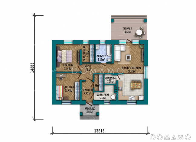 Проект компактного одноэтажного дома с общей вальмовой кровлей над входной группой и террасой и комбинированной отделкой фасада декоративной штукатуркой и планкеном / План 1 этажа