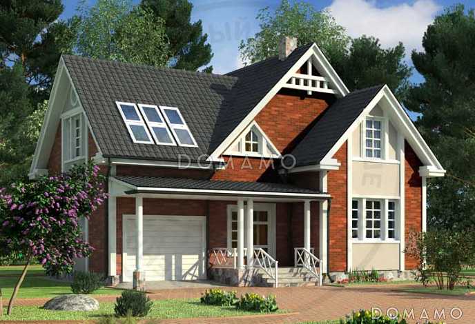 Проект загородного дома с тремя спальнями на мансардном этаже, круглым окном, гаражом на одну машину