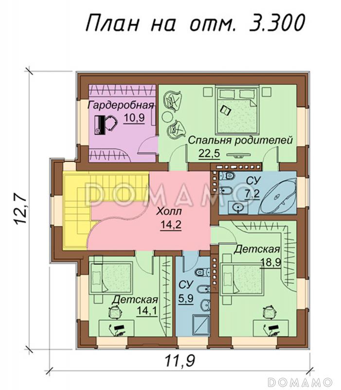 Проект двухэтажного коттеджа с цоколем, с гаражом на два автомобиля / План 2 этажа
