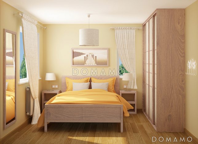 Проект одноэтажного каркасного дома с двумя спальнями и небольшой террасой