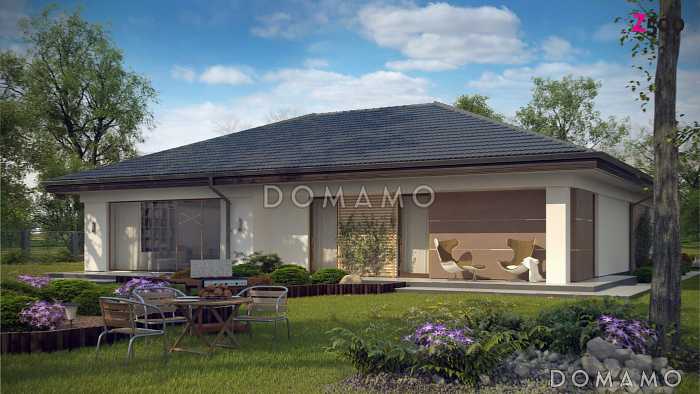 Проект просторного одноэтажного дома из кирпича с четырьмя спальнями и гаражом для одного автомобиля