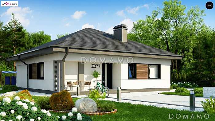 Проект простого комфортного одноэтажного дома из кирпича для небольшой семьи с тремя спальнями