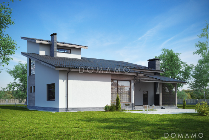 Проект дома с косой крышей, террасой, вытянутой прямоугольной кухней, просторной совмещенной гостиной столовой, спальней на первом этаже, вторым светом, игровой, кабинетом под крышей