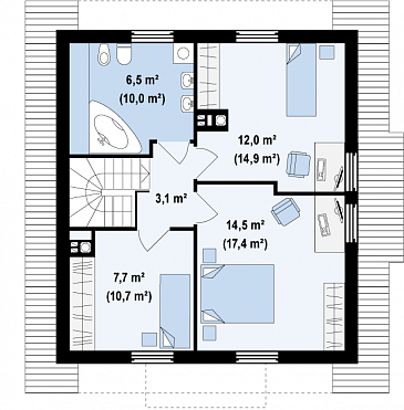 Проект одноэтажного мансардного дома из газобетона с тремя спальнями и кабинетом / План мансардного этажа