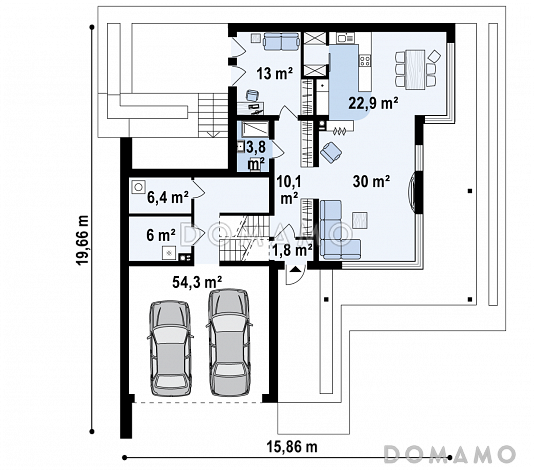 Проект современного двухэтажного дома из кирпича с подземным гаражом и террасой на втором уровне / План 1 этажа