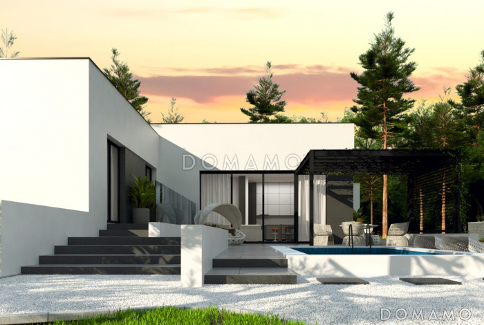 Проект одноэтажного дома с плоской крышей, гаражом, спальнями с санузлами