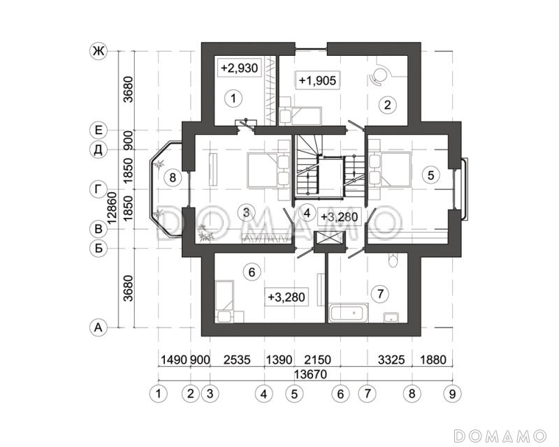 Проект современного дома усадебного типа с подвалом / План мансардного этажа