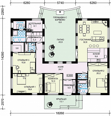 Проект дома из газобетона с внутренним двором / План 1 этажа