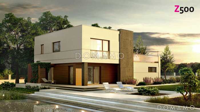 Проект современного двухэтажного дома из кирпича с плоской крышей с четырьмя комнатами, гаражом и открытой террасой на втором этаже