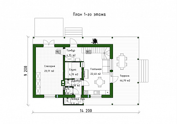 Проект мансардного дома с сауной, летним душем и большой крытой террасой / План 1 этажа