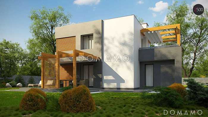 Проект двухэтажного дома из кирпича с плоской крышей, со спальной зоной и террасой на втором этаже и гаражом