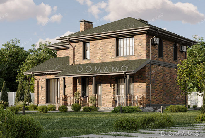 Проект двухэтажного дома с башней в замковом стиле, большим подвалом и продуманными планировочными решениями