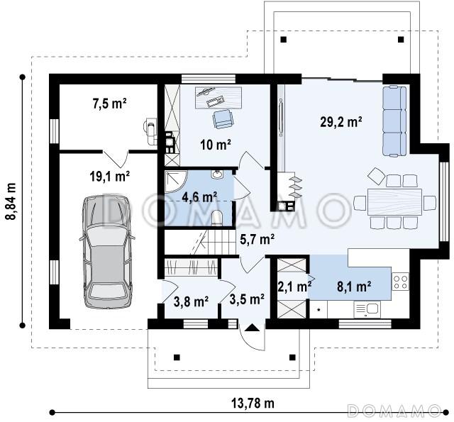 Проект одноэтажного мансардного дома из газобетона с эркером в столовой зоне, кабинетом и со встроенным гаражом / План 1 этажа