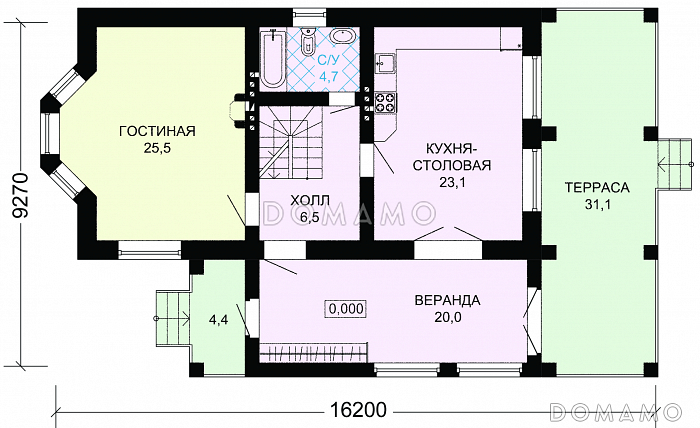 Проект великолепного дома из темного кирпича с верандой и зеленой крышей / План 1 этажа