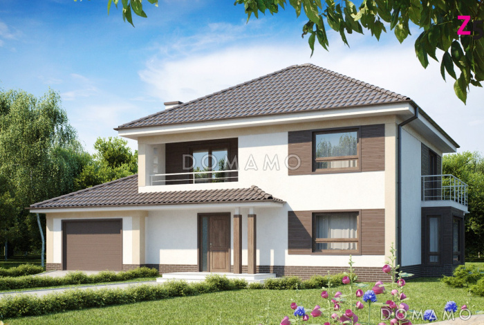 Проект двухэтажного дома из газобетона с эркером и балконом над ним, с тремя спальнями, кабинетом и гаражом