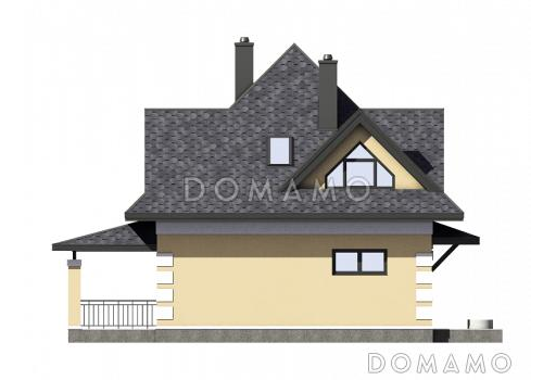 Проект одноэтажного мансардного дома из газобетона с тремя спальнями, кабинетом, эркером и крытой террасой / Фасад 2