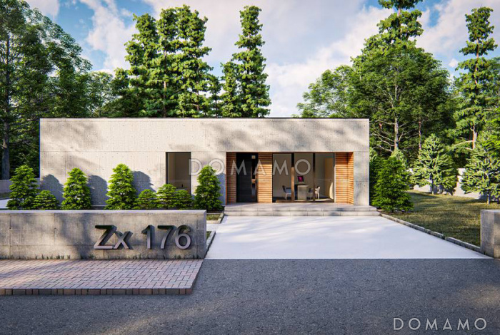 Проект одноэтажного дома с плоской крышей, большими окнами, террасами, большой спальней с гардеробными и ванной