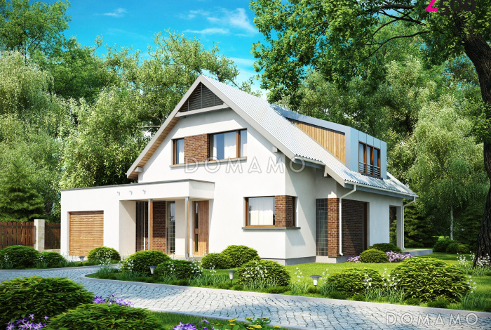 Проект современного одноэтажного мансардного дома из кирпича с тремя комнатами, угловой террасой и гаражом