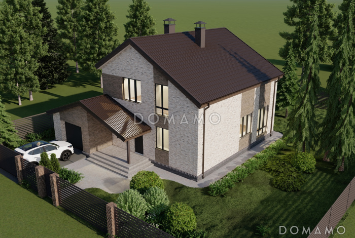 Проект двухэтажного каркасного дома с гаражом на два машиноместа, тремя спальнями и кабинетом на втором этаже