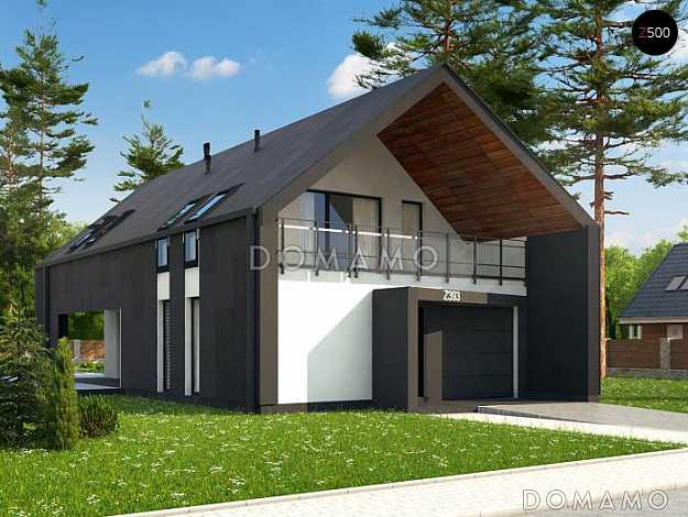 Проект аккуратного современного мансардного дома из газобетона с  гаражом и террасой над входом