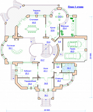 Проект романтичного коттеджа с гаражом и башенкой / План 1 этажа
