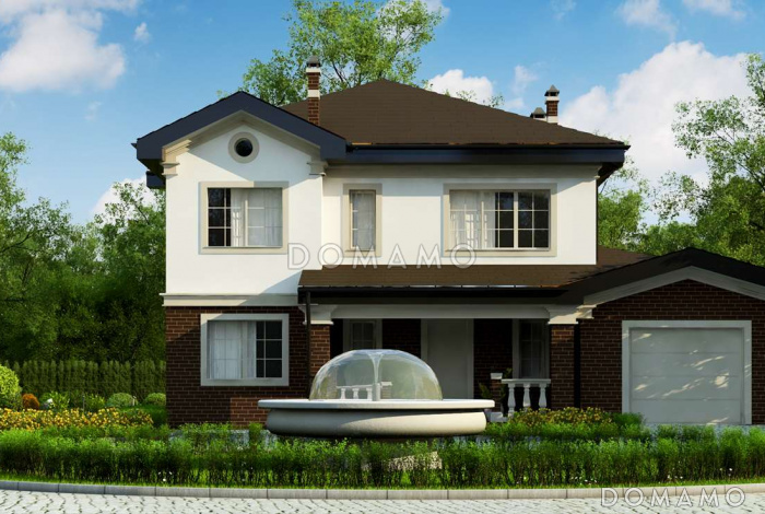 Проект современного двухэтажного дома из кирпича с четырьмя комнатами, гаражом и зимним садом на втором этаже