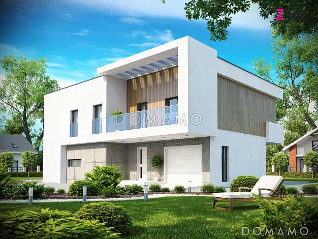 Проект просторного современного двухэтажного дома из газобетона, с пятью комнатами, гаражом и двумя лоджиями