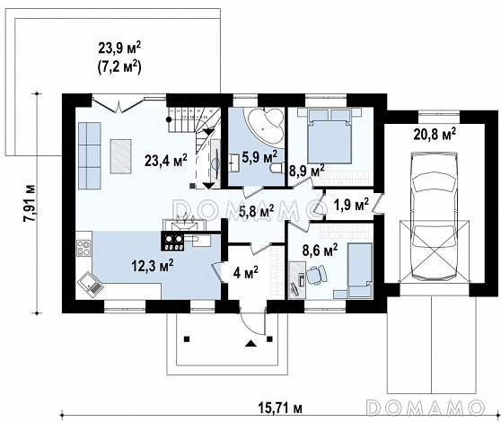 Проект одноэтажного дома из газобетона с тремя спальнями на мансардном этаже и гаражом  / План 1 этажа