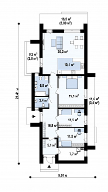 Проект эргономичного загородного дома с террасами, двумя санузлами, объединенной кухней и гостиной / План 1 этажа